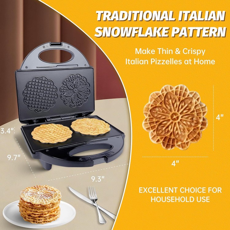 Pizzelle Maker with Non-Stick Coating, Electric Pizzelle Cookie Baker Press with Snowflake Pattern, Make Two 4 Inch Traditional Italian Waffle Cookies at Once, Recipe Included