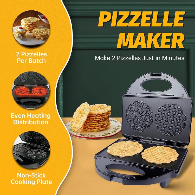 Pizzelle Maker with Non-Stick Coating, Electric Pizzelle Cookie Baker Press with Snowflake Pattern, Make Two 4 Inch Traditional Italian Waffle Cookies at Once, Recipe Included