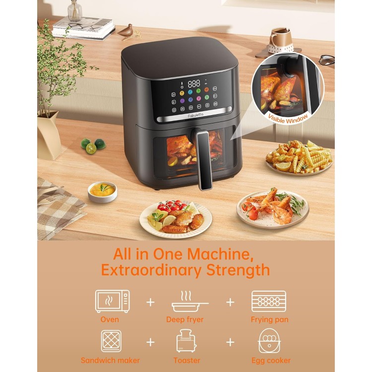 FABULETTA Air Fryer, 6.5QT Stainless Steel Large Air Fryer, 10-in-1 Digital Touch Screen Max 450°F Smart Preset Cooking, Shake Reminder Anti-Scorch, Auto Shut-off, Non-stick & Viewing Glass Air Fryers