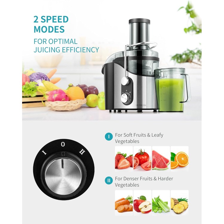 Ultrean Juicer Machine, 800w Juicer with Big Mouth 3” Feed Chute, Dual Speeds Centrifugal Juice Maker for Fruits and Veggies, Easy to Clean and BPA Free