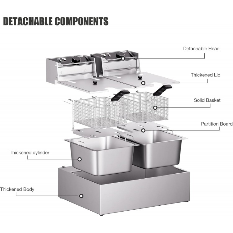 20.7Qt Deep Fryer, 3400W Electric Countertop Deep Fryer with 2 x 6.35 QT Removable Basket Commercial Deep Fryers Frying Machine w/Temperature Control