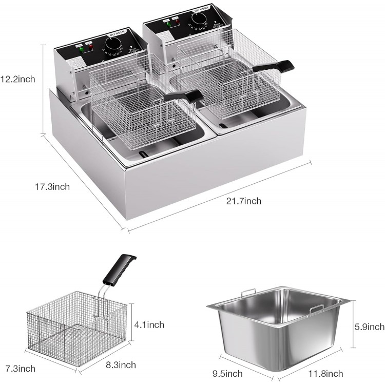 20.7Qt Deep Fryer, 3400W Electric Countertop Deep Fryer with 2 x 6.35 QT Removable Basket Commercial Deep Fryers Frying Machine w/Temperature Control