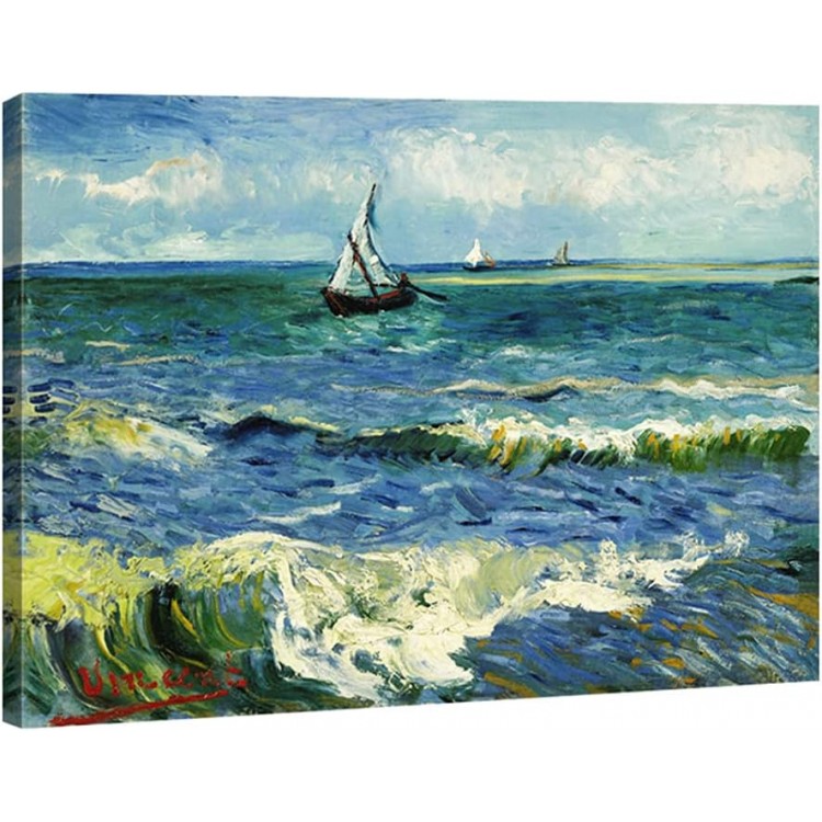 Wieco Art Extra Large Seascape at Saintes Maries by Vincent Van Gogh Oil Paintings Reproduction Giclee Canvas Prints Ocean Sea Pictures on Canvas Wall Art for Living Room Home Office Decor 36x48