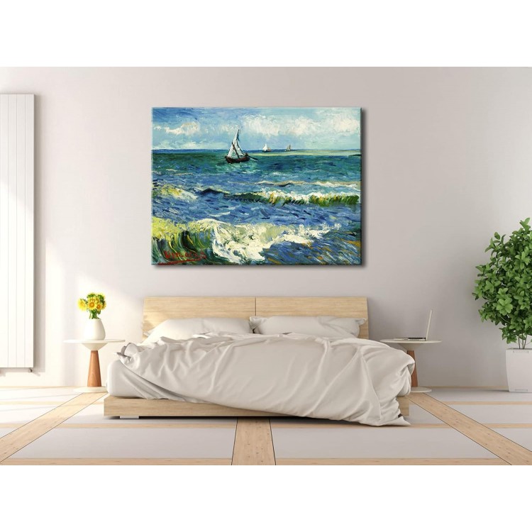 Wieco Art Extra Large Seascape at Saintes Maries by Vincent Van Gogh Oil Paintings Reproduction Giclee Canvas Prints Ocean Sea Pictures on Canvas Wall Art for Living Room Home Office Decor 36x48