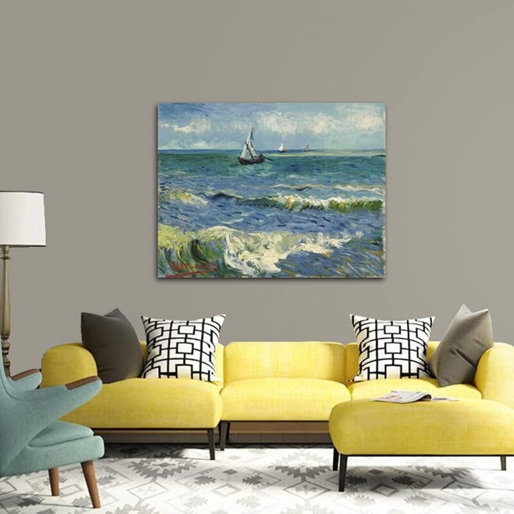 Wieco Art Extra Large Seascape at Saintes Maries by Vincent Van Gogh Oil Paintings Reproduction Giclee Canvas Prints Ocean Sea Pictures on Canvas Wall Art for Living Room Home Office Decor 36x48