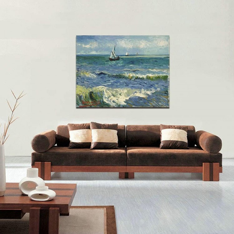 Wieco Art Extra Large Seascape at Saintes Maries by Vincent Van Gogh Oil Paintings Reproduction Giclee Canvas Prints Ocean Sea Pictures on Canvas Wall Art for Living Room Home Office Decor 36x48