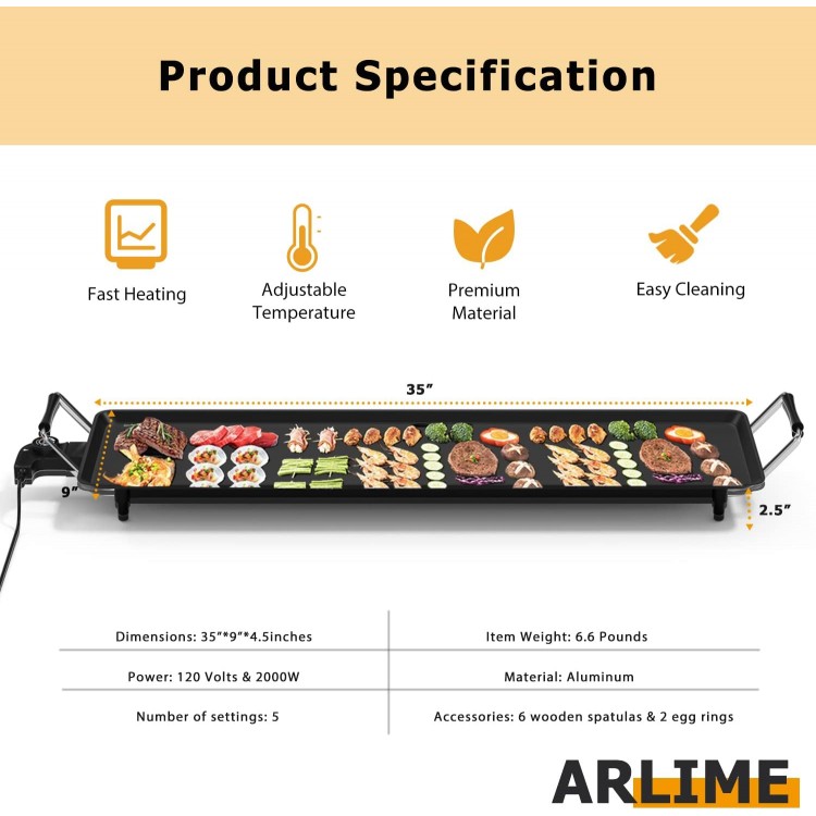 ARLIME Electric Griddle, 35 Teppanyaki Grill w/Extra Large Tabletop, Portable BBQ Grill Electric with Drip Pan & Adjustable Temperature, Long Griddle for Party, Home, Camping, Cooking