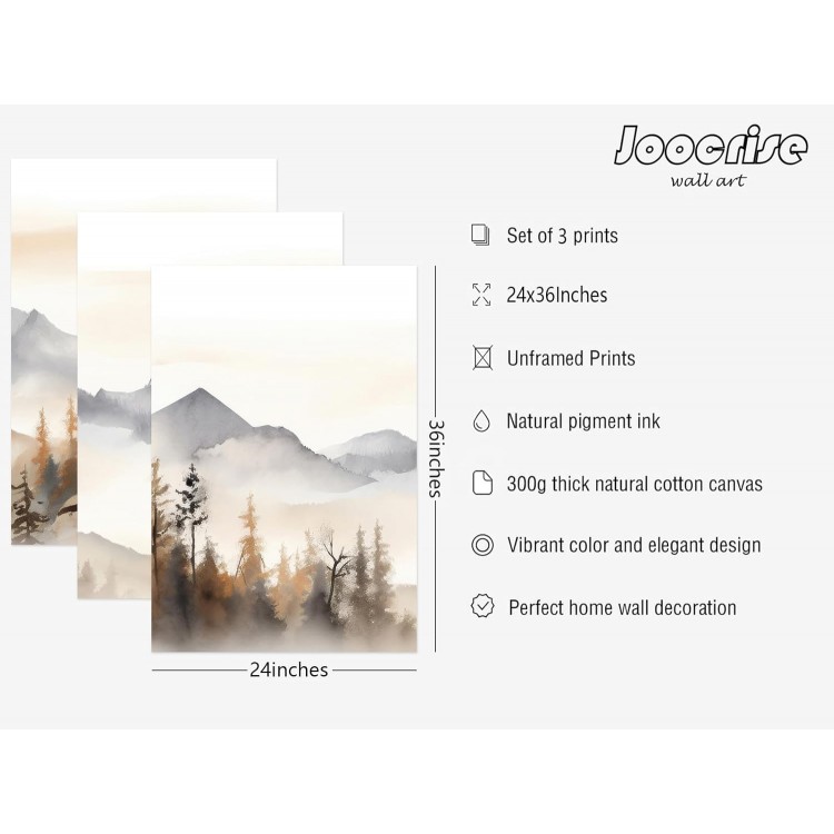 Neutral Mountain Wall Art Decor Set of 3 Forest Canvas Wall Art Poster Landscape Wall Art Artwork Modern Pictures Abstract Painting Watercolor Prints for Living Room Bedroom 24x36 Inch Unframed