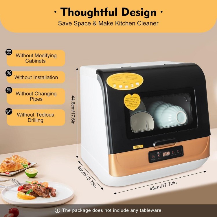 Portable Countertop Dishwasher, Small Mini Dishwasher Kitchen Freestanding Dish Washer, 3-in-1 Washing Modes, 360° Spray Arms, 800W (Black + Gold)