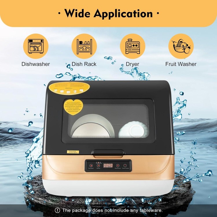 Portable Automatic Countertop Dishwasher Mini Dish Washer Air Dry Function 3 Washing Programs 360 Degree Spraying Water for Apartment & Dormitory, Gold