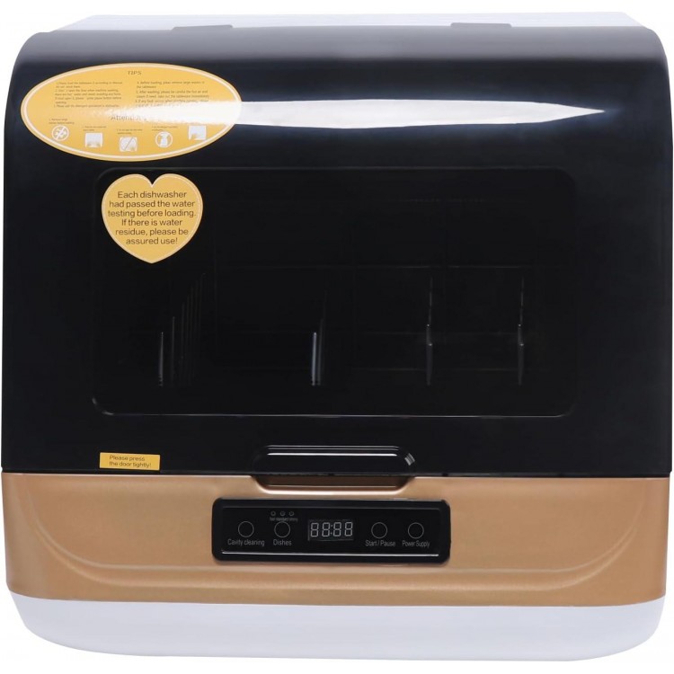 1200W Portable Countertop Dishwasher, 4 Washing Programs Portable Dishwasher With 9-Liter Built-in Water Tank, Compact Dish Washing with Programs Display (Black+White+Gold)