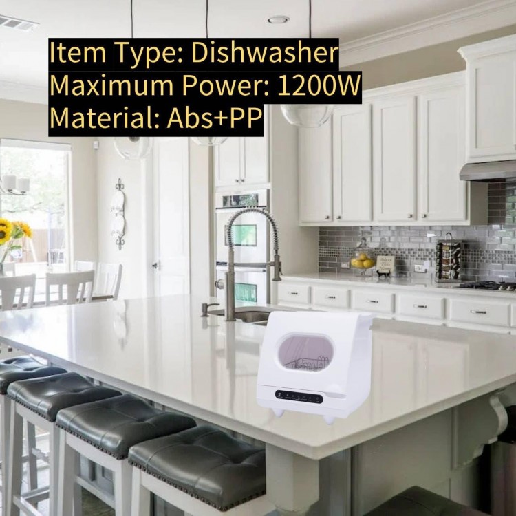 Portable Countertop Dishwasher, 5 Programs 360° Rotating One‑Key Start Full Panel Control Fast Washing Powerful Washing Fruit and Vegetable Washing Self-Cleaning Purification for Home (White)