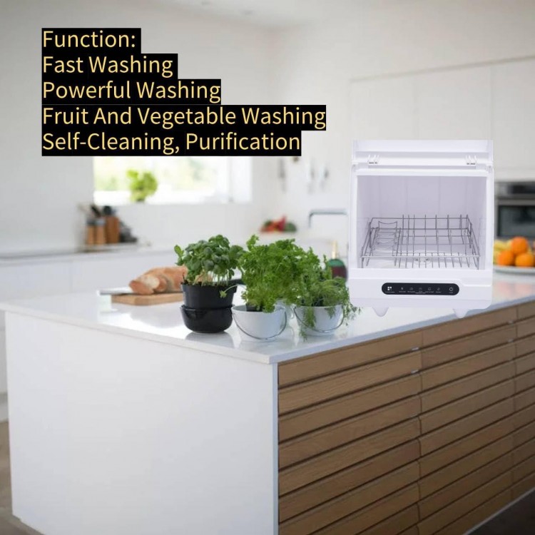 Portable Countertop Dishwasher, 5 Programs 360° Rotating One‑Key Start Full Panel Control Fast Washing Powerful Washing Fruit and Vegetable Washing Self-Cleaning Purification for Home (White)