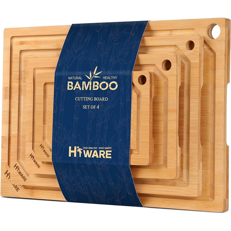 Hiware 4-Piece Extra Large Bamboo Cutting Boards Set for Kitchen, Heavy Duty Cutting Board with Juice Groove, Bamboo Chopping Board Set for Meat, Vegetables - Pre Oiled