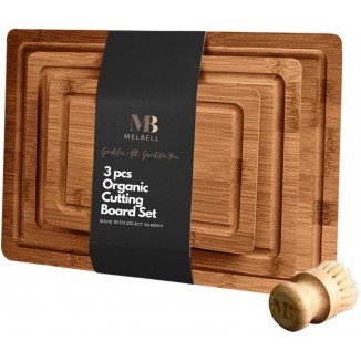 MelBell Bamboo Cutting Board Set Of 3 for Kitchen - Wooden Chopping Boards with Juice Groove - Wood Serving Board for Meat, Vegetables, Cheese