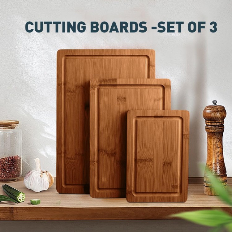 MelBell Bamboo Cutting Board Set Of 3 for Kitchen - Wooden Chopping Boards with Juice Groove - Wood Serving Board for Meat, Vegetables, Cheese