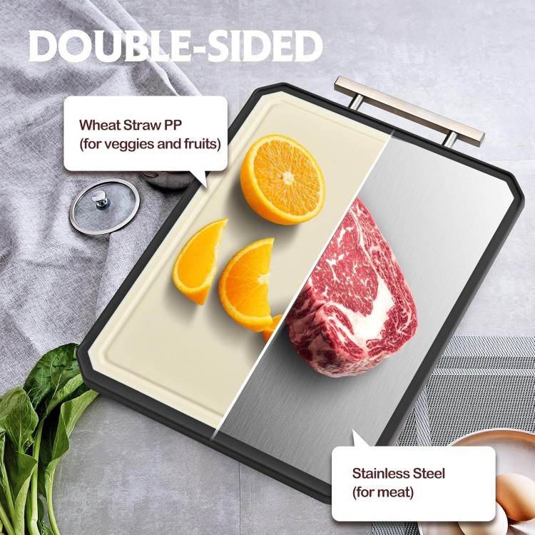 Stainless Steel Cutting Board,Double-Sided Meat Cutting Board for kitchen,Stainless Steel/Wheat straw pp Large Cutting Board for meat,Dishwasher Safe,non toxic Chopping Board,16 * 12Inch