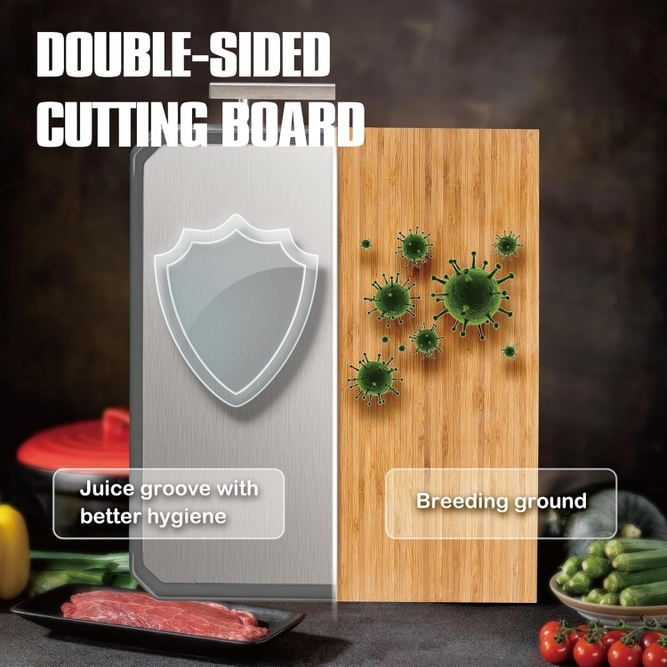 Stainless Steel Cutting Board,Double-Sided Meat Cutting Board for kitchen,Stainless Steel/Wheat straw pp Large Cutting Board for meat,Dishwasher Safe,non toxic Chopping Board,16 * 12Inch