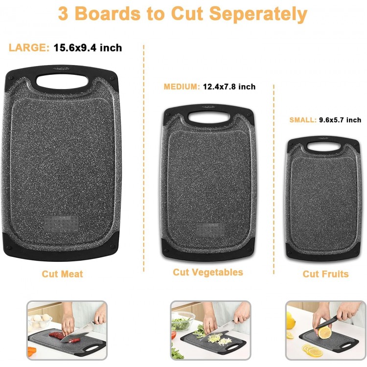 Cutting Boards for Kitchen, Large-Small Cutting Board Set of 3, Dishwasher Safe, Juice Groove, Easy Grip Handle, Non-Slip Rubber Cutting Board