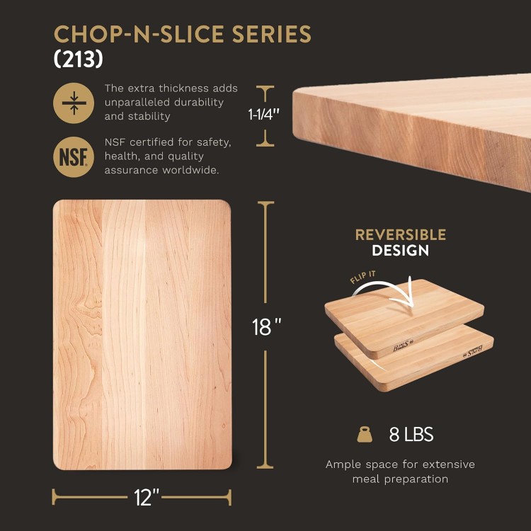 John Boos Boos Block Chop-N-Slice Series Reversible Wood Cutting Board with Eased Corners, 1.25-Inch Thickness, 18 x 12 x 1 1/4, Maple