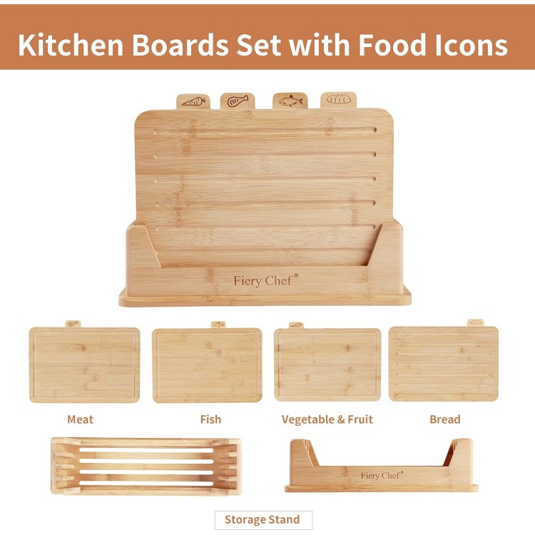 Bamboo Cutting Board Set of 4 - Wood Cutting Board Set with Holder, Chopping Boards Set with Food Icons, Juice Groove - Ideal for Meat, Fish, Bread, Vegetable, Fruit Chopping