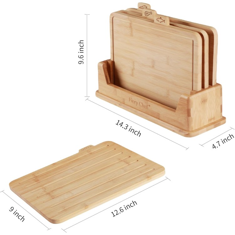 Bamboo Cutting Board Set of 4 - Wood Cutting Board Set with Holder, Chopping Boards Set with Food Icons, Juice Groove - Ideal for Meat, Fish, Bread, Vegetable, Fruit Chopping