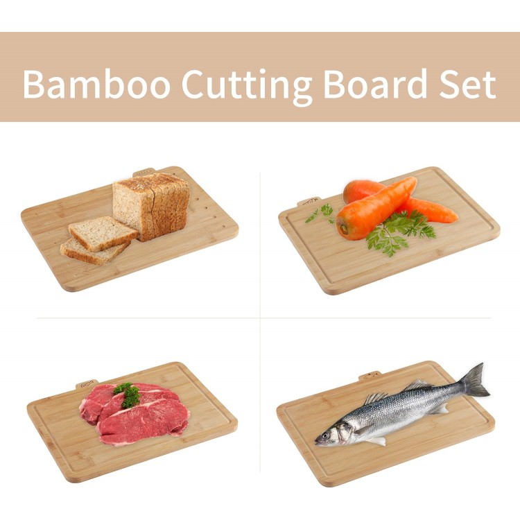 Bamboo Cutting Board Set of 4 - Wood Cutting Board Set with Holder, Chopping Boards Set with Food Icons, Juice Groove - Ideal for Meat, Fish, Bread, Vegetable, Fruit Chopping