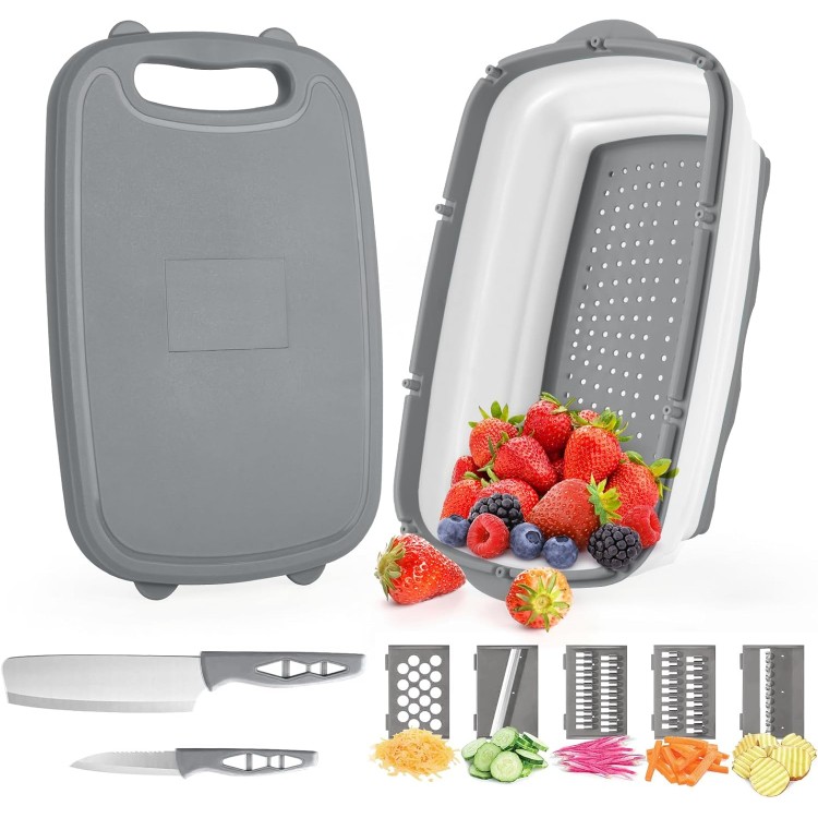 Gintan Camping Cutting Board, 9-in-1 Collapsible Chopping Board with Colander, Gifts for Campers Happy Camper,Camping Accessories for RV Campers (Gray)