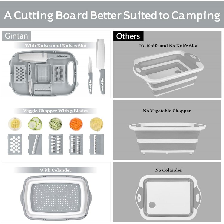 Gintan Camping Cutting Board, 9-in-1 Collapsible Chopping Board with Colander, Gifts for Campers Happy Camper,Camping Accessories for RV Campers (Gray)