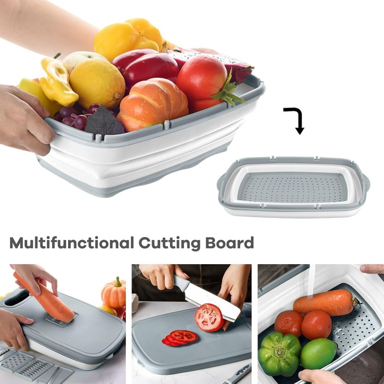 Gintan Camping Cutting Board, 9-in-1 Collapsible Chopping Board with Colander, Gifts for Campers Happy Camper,Camping Accessories for RV Campers (Gray)