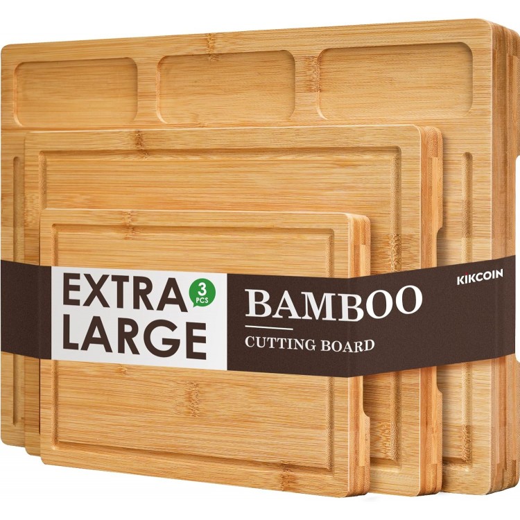 Bamboo Cutting Boards for Kitchen, (Set of 3) Kitchen Chopping Board with 3 Built-In Compartments and Juice Groove Heavy Duty Serving Tray Wood Butcher Block and Wooden Carving Board, Kikcoin