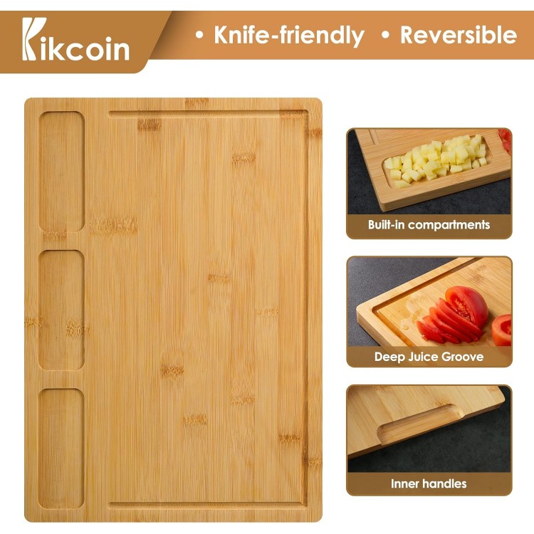 Bamboo Cutting Boards for Kitchen, (Set of 3) Kitchen Chopping Board with 3 Built-In Compartments and Juice Groove Heavy Duty Serving Tray Wood Butcher Block and Wooden Carving Board, Kikcoin