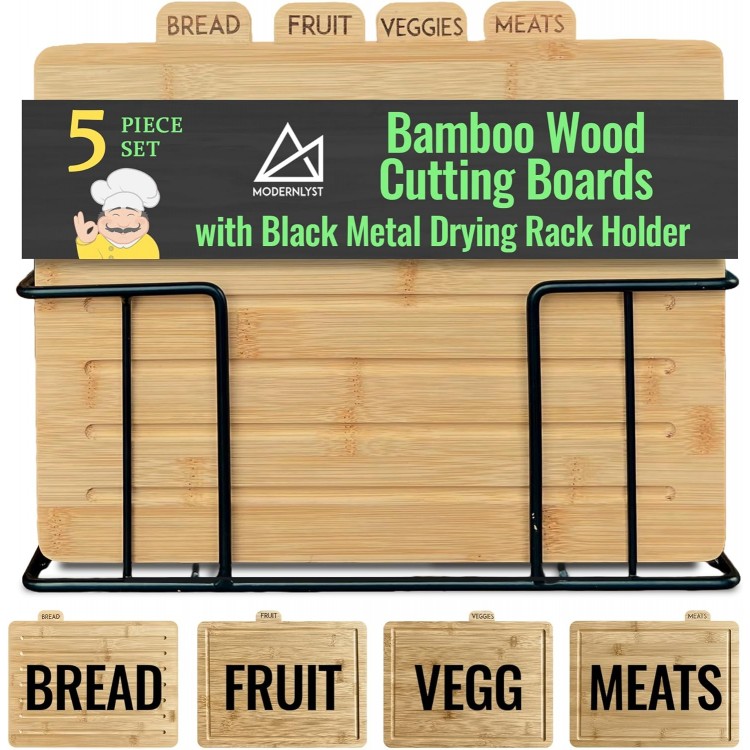 Bamboo Cutting Boards for Kitchen with Holder Stand 13 x 11 Set of 4 | Labeled Tabs | Large Modern Wood Board Set | Organized & Clean Wooden Chopping | Black Metal Rack