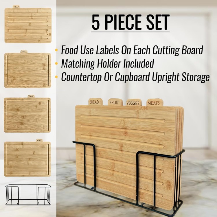 Bamboo Cutting Boards for Kitchen with Holder Stand 13 x 11 Set of 4 | Labeled Tabs | Large Modern Wood Board Set | Organized & Clean Wooden Chopping | Black Metal Rack