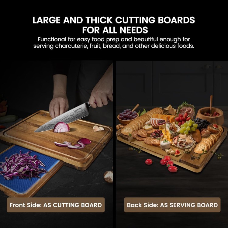 Acacia Wood Cutting Boards Large Set of 7, Charcuterie Chopping Board for Kitchen with Holder, Plastic Serving Board Mats, Juice Groove, Reversible Butcher Block for Meat Cheese Bread