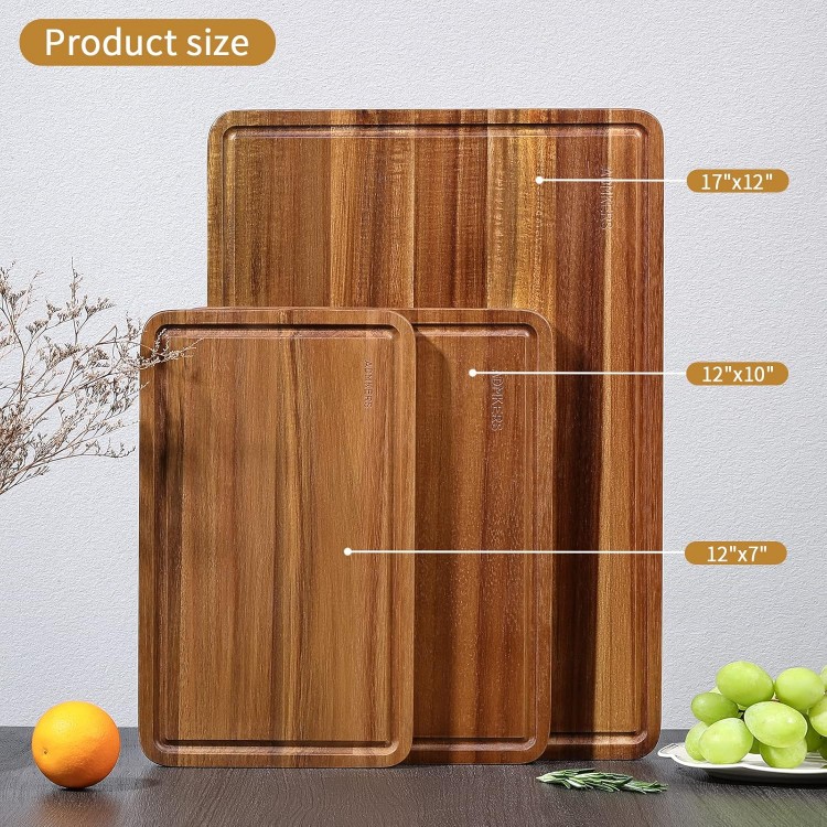 Wood Cutting Boards Set of 3 for Kitchen, Thick Chopping Board, Large Wooden Cutting Board Set with Deep Juice Groove and Handles, Wooden trays for meat, fruit and cheese (17x12, 12x10, 12x7 inch)