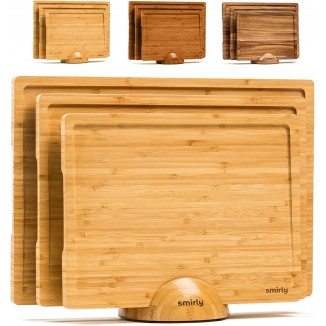 SMIRLY Wooden Cutting Boards For Kitchen - Bamboo Cutting Board Set with Holder, Wood Cutting Board Set, Cutting Board Wood, Wooden Chopping Board, Wooden Cutting Board Set