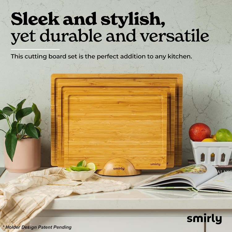 SMIRLY Wooden Cutting Boards For Kitchen - Bamboo Cutting Board Set with Holder, Wood Cutting Board Set, Cutting Board Wood, Wooden Chopping Board, Wooden Cutting Board Set