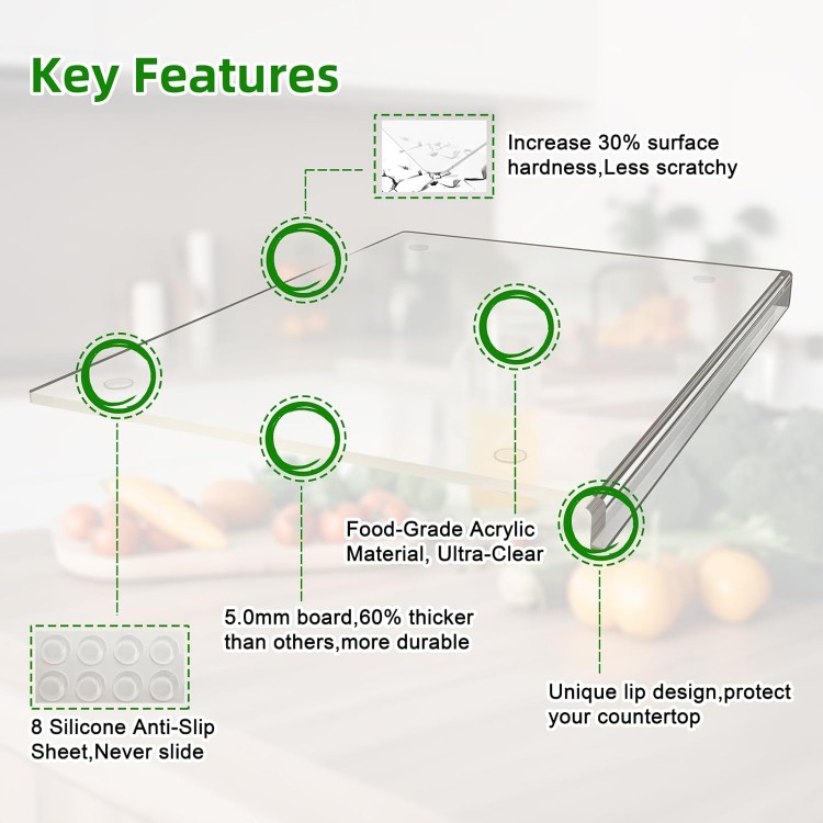 Acrylic Cutting Board with Counter Lip,17.5x13.5 Clear Cutting Board for Kitchen Countertop,Non-Slip,60% Thicker,Perfect for Bread,Meat,Veggies & More,Great Kitchen Essential Gadgets & Decor