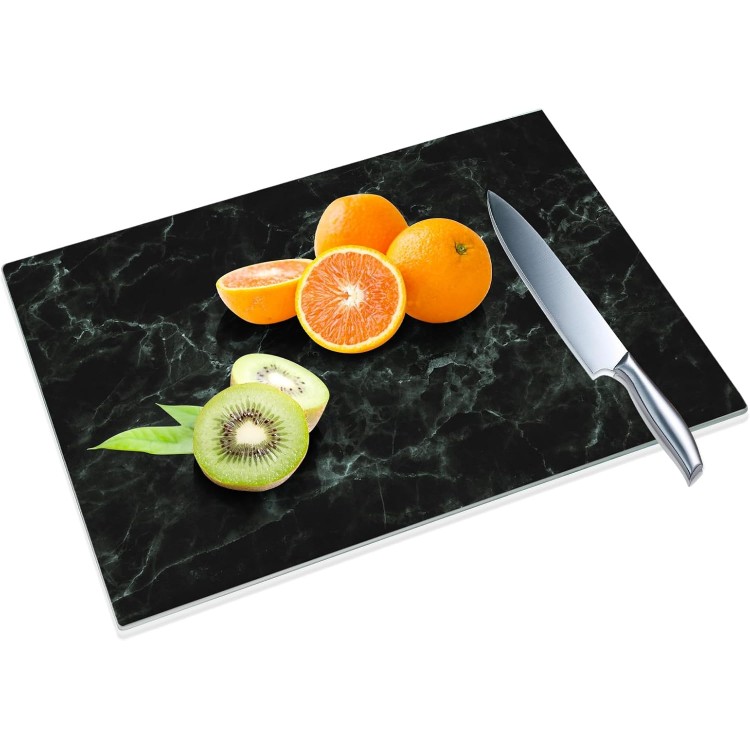 JAMBALAY Tempered Glass Cutting Board for Kitchen, 16x12 Black Marble Pattern Glass Cutting Board, Glass Chopping Board with Rubber Non Slip Feet, Heat Resistant, Shatter Resistant, Dishwasher Safe