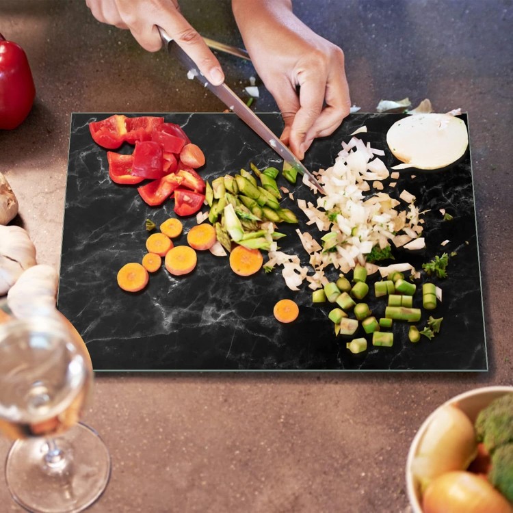 JAMBALAY Tempered Glass Cutting Board for Kitchen, 16x12 Black Marble Pattern Glass Cutting Board, Glass Chopping Board with Rubber Non Slip Feet, Heat Resistant, Shatter Resistant, Dishwasher Safe