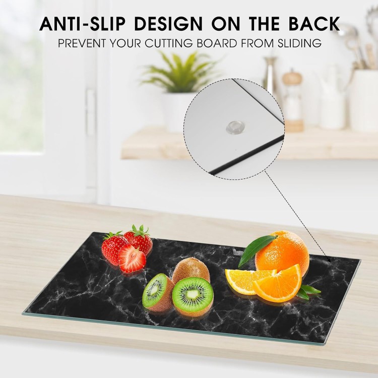 JAMBALAY Tempered Glass Cutting Board for Kitchen, 16x12 Black Marble Pattern Glass Cutting Board, Glass Chopping Board with Rubber Non Slip Feet, Heat Resistant, Shatter Resistant, Dishwasher Safe