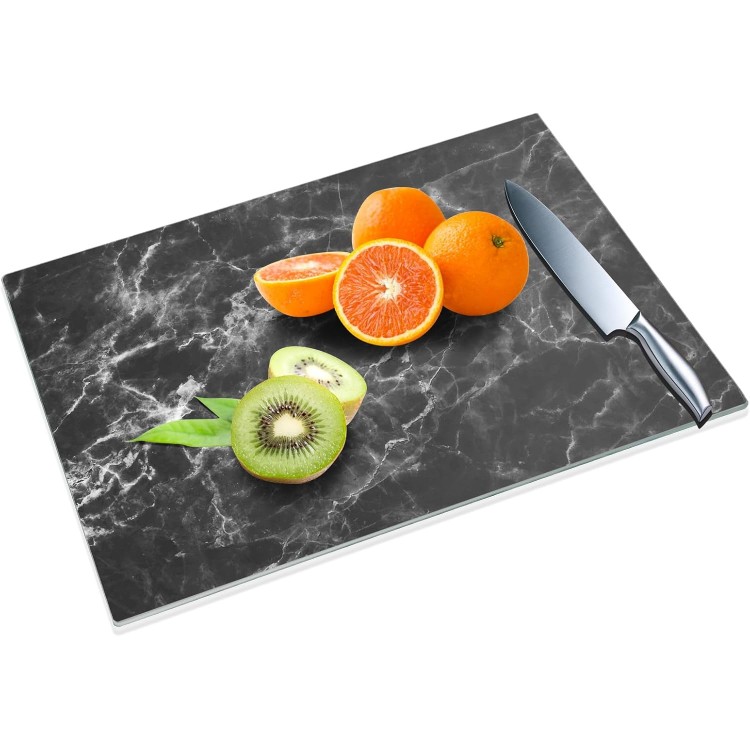 JAMBALAY Tempered Glass Cutting Board for Kitchen, 16x12 Black Marble Pattern Glass Cutting Board, Glass Chopping Board with Rubber Non Slip Feet, Heat Resistant, Shatter Resistant, Dishwasher Safe