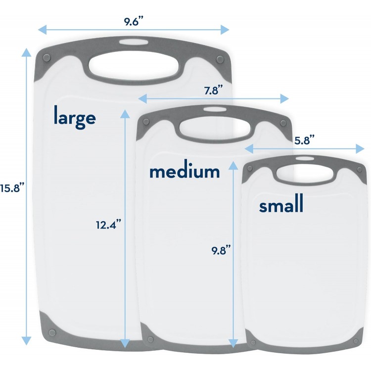 S&T INC. Cutting Board Set, Cutting Boards for Kitchen with Rubberized Grips and Juice Grooves, 3 Pack with Different Sizes, White and Grey