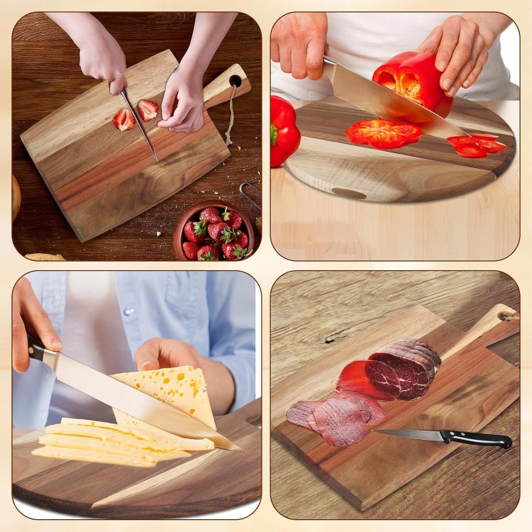 Hsei 2 Pcs Acacia Wood Cutting Board with Handle Wooden Charcuterie Board Large Paddle Carving Chopping Board Set Butter Board Serving Tray for Cheese Meat Fruit Pizza Bread Baking (16x12, 17x10inch)