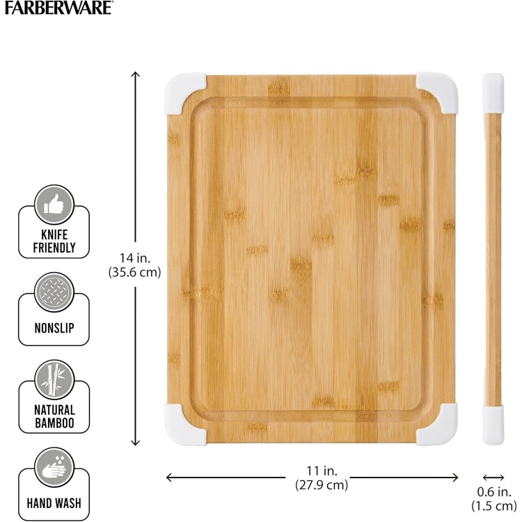 Farberware Nonslip Bamboo Cutting Board with Juice Groove, 11x14 Inch, White