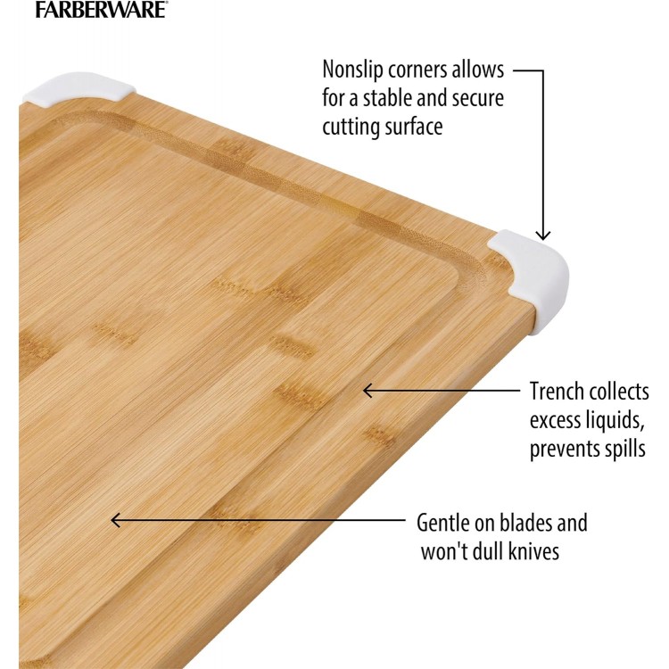 Farberware Nonslip Bamboo Cutting Board with Juice Groove, 11x14 Inch, White