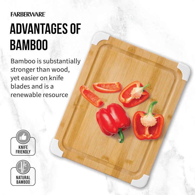 Farberware Nonslip Bamboo Cutting Board with Juice Groove, 11x14 Inch, White