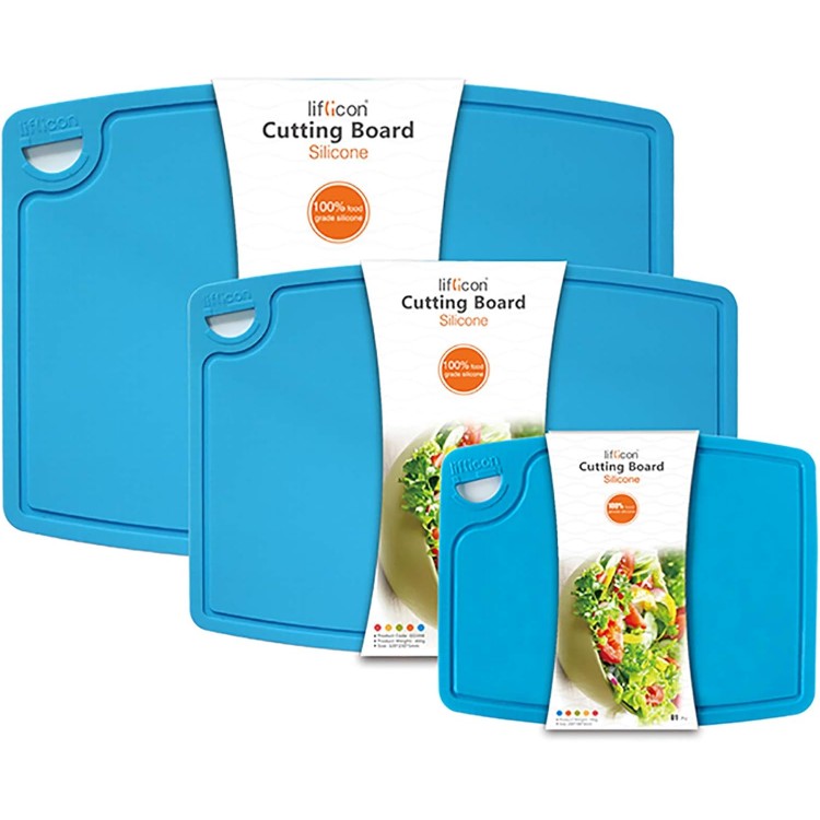 Silicone Thick Cutting Boards Mats Set of 3pcs Foldable & Flexible Design Juice Grooves Easy Grip Handle Dishwasher Safe for Kitchen,BPA free Chif-Blue