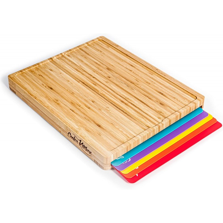 Bamboo Cutting Board Set - Easy-to-Clean Wood Cutting Board Set with 6 Color-Coded Flexible Plastic Cutting Boards with Food Icons - Wooden Cutting Boards For Kitchen - Wooden Chopping Board Set